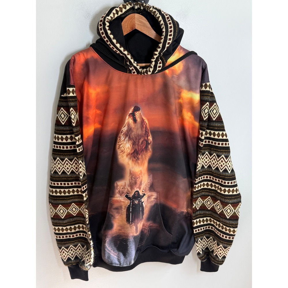 Vigor Mens XXL Howling Wolf Motorcycle Hoodie Southwestern Graphic Made Ecuador